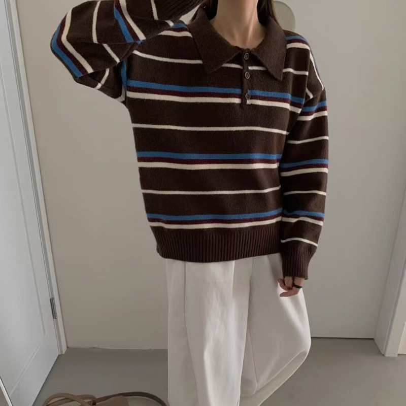 Corea del Sur 2025 otoño nuevo polo cuello de manga larga camiseta de punto de lana suéter retro mujer