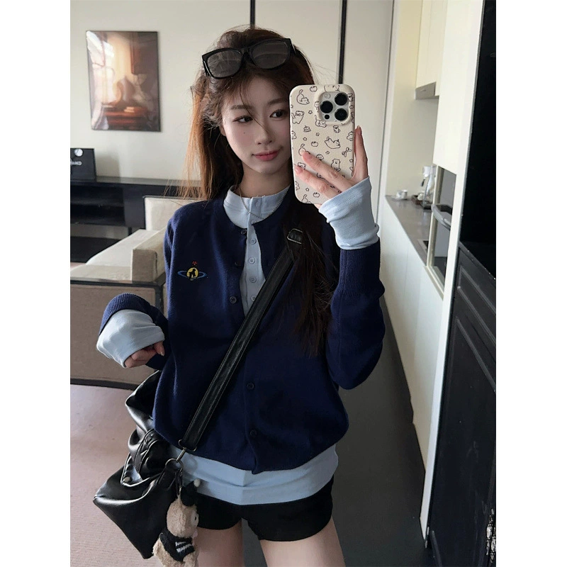 Реже цена ~ Набор из двух частей американского сладкого бобового свитера осенью и зимой трикотажный кардиган для шарфа