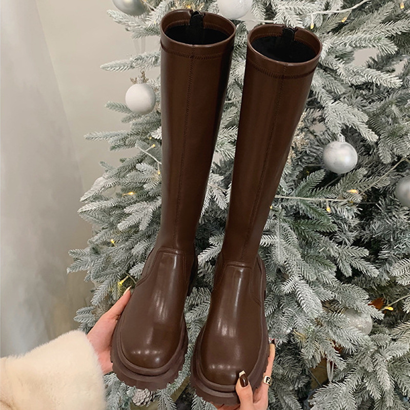 Uva mamá Otoño e Invierno Nuevas Botas Altas de punta redonda de las mujeres de fondo grueso rodilla botas pequeñas elásticas finas botas