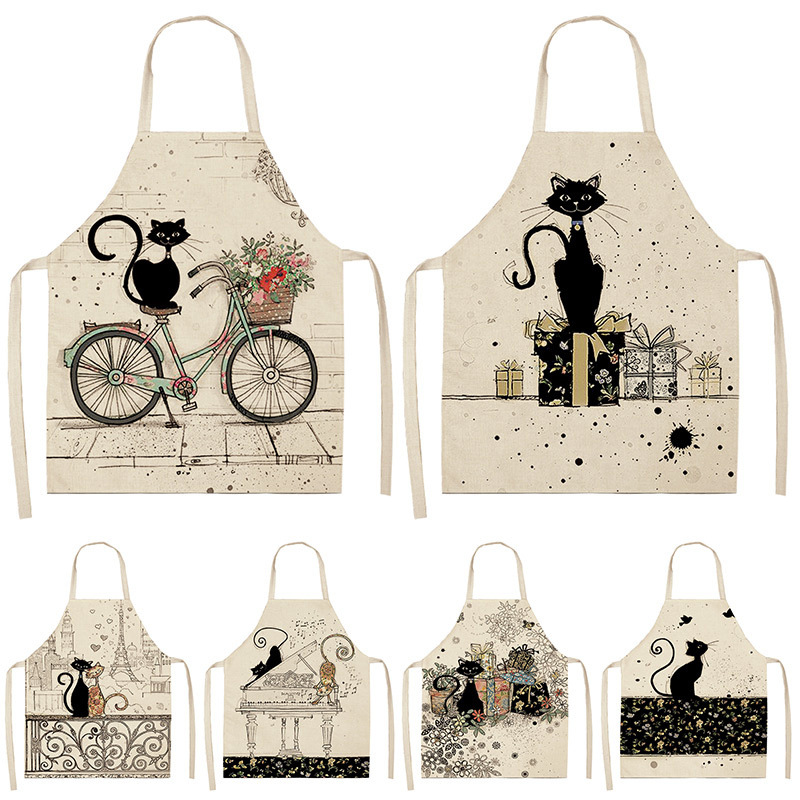 黑色 Cat 猫字母厨房围裙女式棉麻围兜家居清洁围裙家庭烹饪围裙