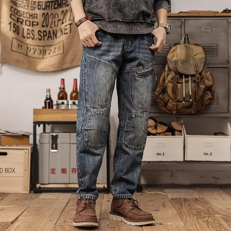 Men's Korean Style Workwear Jeans Loose Fit Retro Slim Harem Straight Pants mid Waist Autumn Winter Trendy Blue Jeans_mkmklike.com