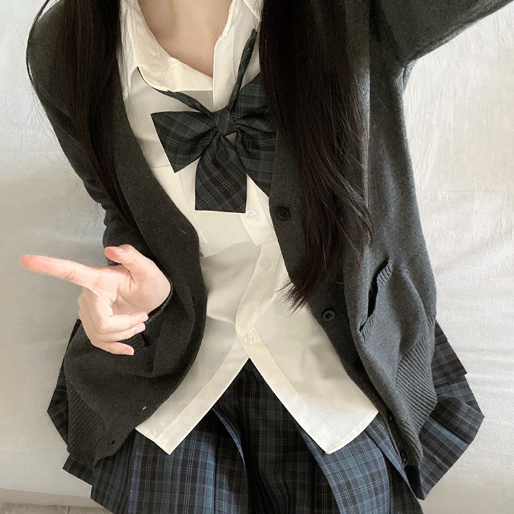 (2개) 원래 JK 유니폼 가을과 겨울 세트 스웨터 카디건 코트 체크 무늬 스커트 셔츠 여성을위한 긴 소매 다용도 학교