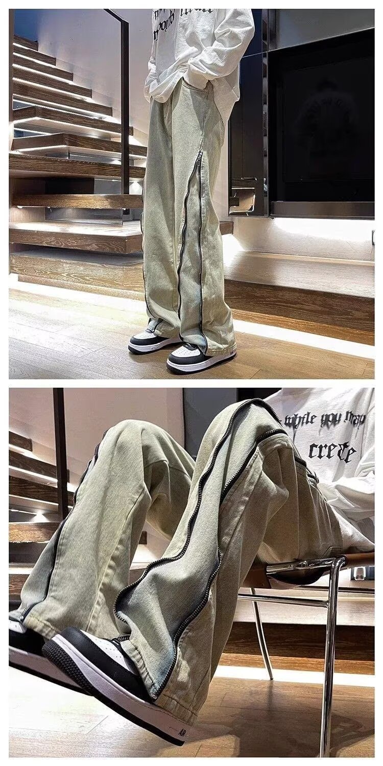 Retro High Street Washed Yellow Mud Dyed Jeans Slim Fit Straight Leg Flattering Drape for Men And Women_mkmklike.com