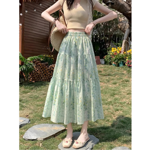 [Lined] 2025 Summer Draped High Waist A-Line Slim Cake Swing Skirt Women's Floral Japanese Style Half Length