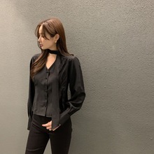 韩国chic春秋气质休闲新款小众百搭复古法式V领法式系带衬衫上衣