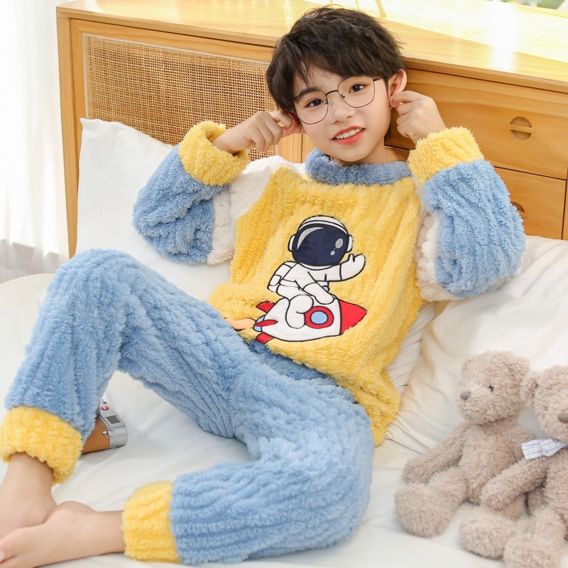 儿童睡法兰绒加绒加厚款男童珊瑚绒家居服秋冬季小孩保暖两件套装