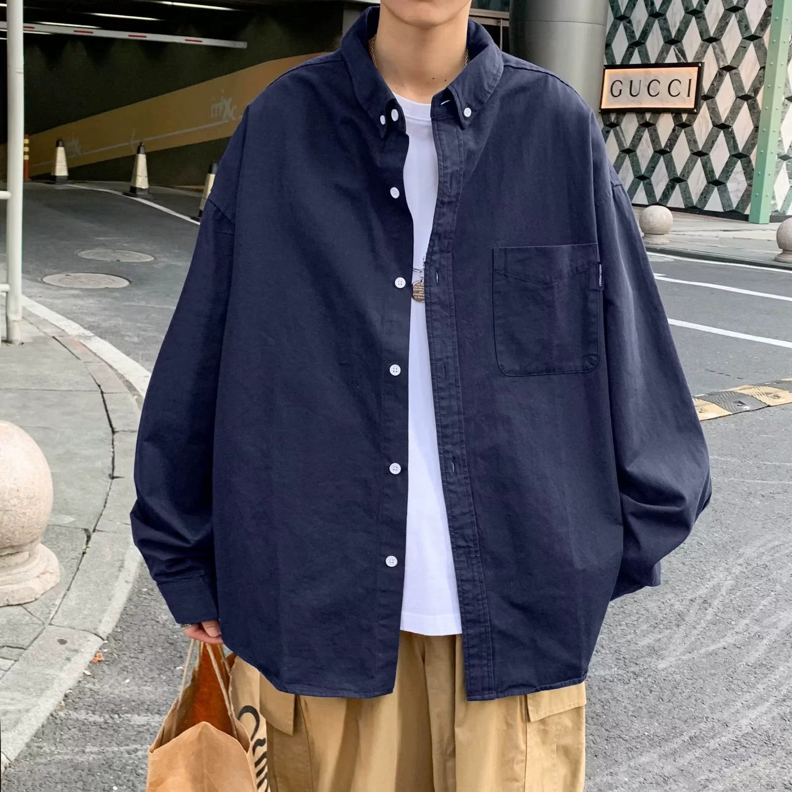 Blue Japanese Trend Spring Shirt, Loose-Fit Button-Down Top for Casual Everyday Wear, Breathable
