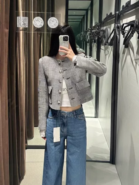 AliExpress Cross-border 2024 Fall/Winter ZA Small Fragrant Style Houndstooth Short Crewneck Suit Jacket 9161114