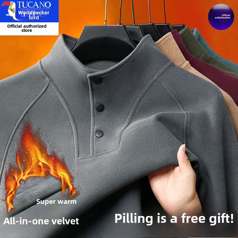 Woodpecker Velvet Thickened Sweatshirt Men's 2025 Winter New Stand Collar Warm Top Double-Sided Velvet