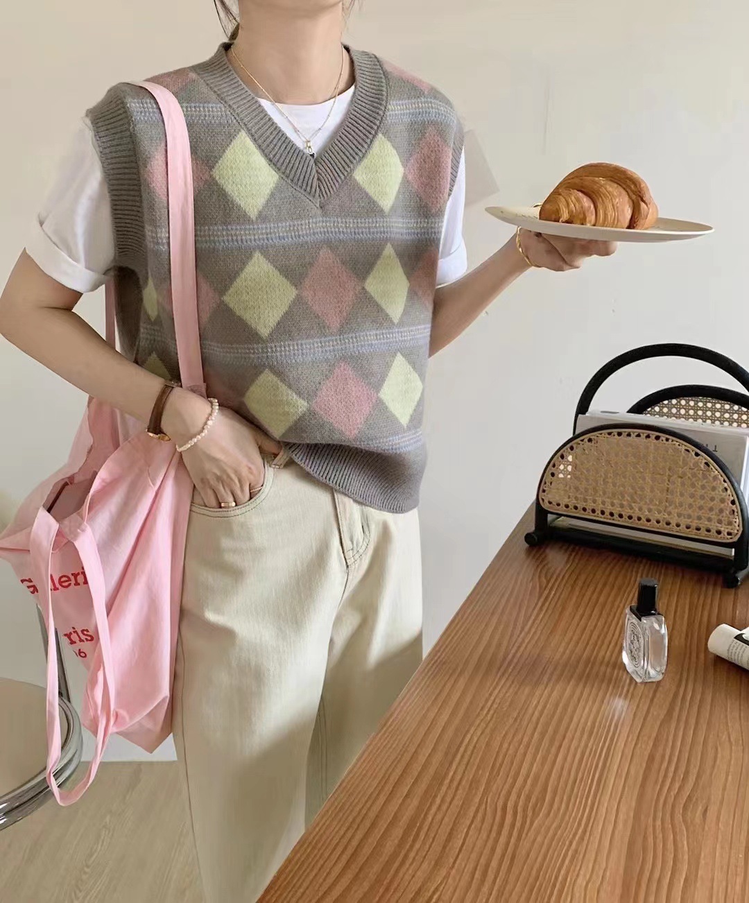 学院风菱格针织马甲女 日系v领宽松套头无袖坎肩叠穿内搭毛衣背心