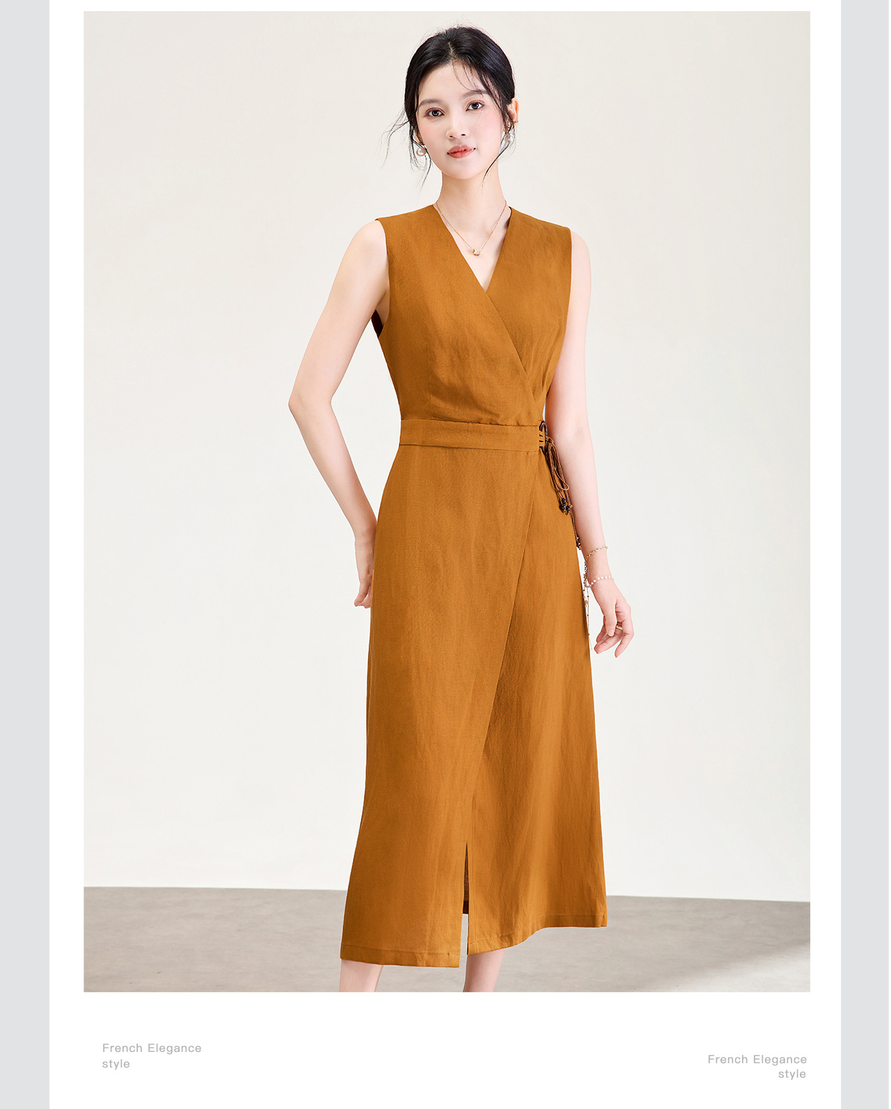 Đầm maxi nữ thắt eo phong cách Old Money chất liệu vải gai phối lụa — màu trắng ngà chi tiết 10
