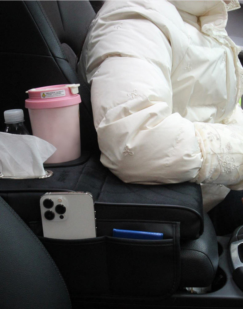 Car Armrest Box Pad, Velvet Armrest Box Booster Pad, Multifunctional Cup Holder, Tissue Box, Universal Interior Armrest Pad