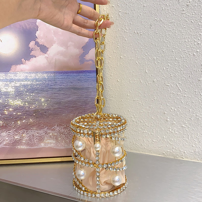 Elegant Metal Pearl Bucket Bag - Sparkling Diamond Hollow Out Chain Silk Handbag & Crossbody Bag For Banquets - Thumbnail 4
