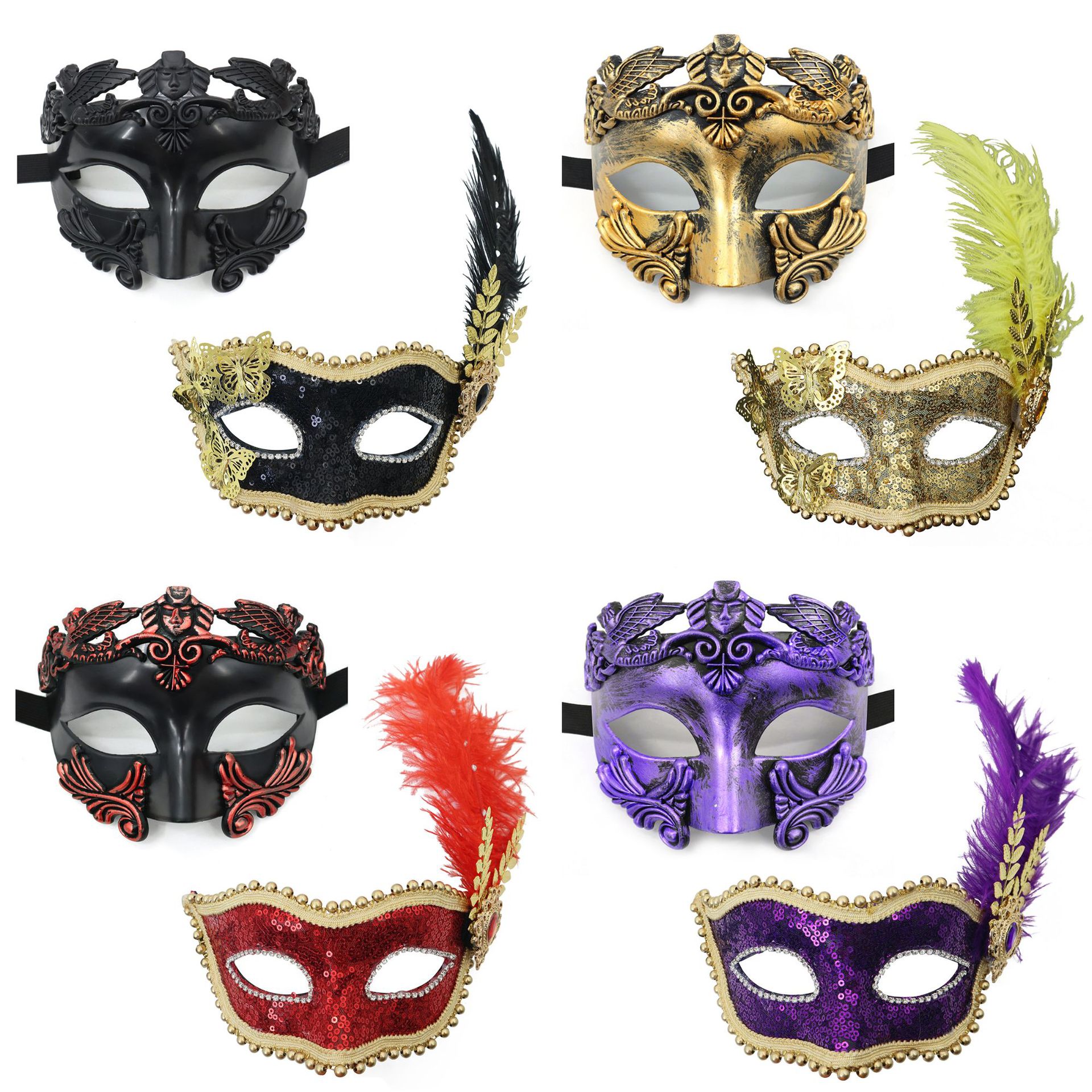 Amazon venta caliente carnaval borde lateral plumas metálicas mariposas retro máscaras de mitad de cara romana baile de maquillaje