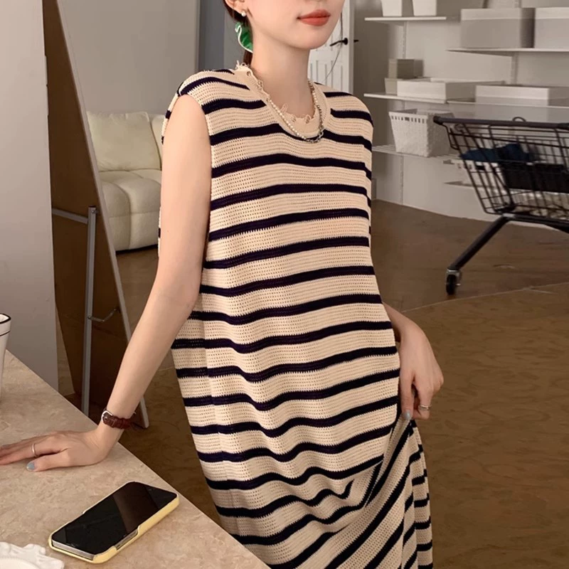 Корейское шикарное летнее французское платье в стиле ленивого шика с круглым вырезом, рюшами, контрастными цветами, полосками и без рукавов для женщин
