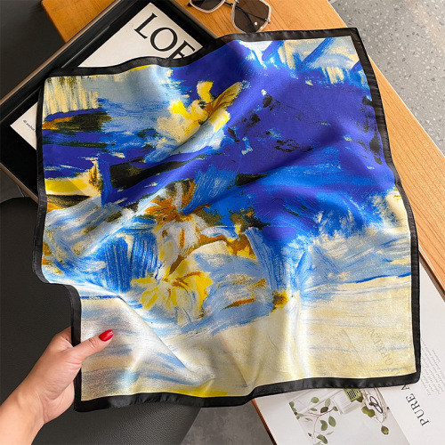 Spring and Autumn New Style Blue Oil Painting Small Square Scarf Women's Silk Scarf Fashionable Shawl Mulberry Silk Scarf Neck Protector