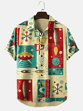 夏季新款上衣卡通飞船火箭元素印花男士翻领衬衫休闲薄款短袖开衫