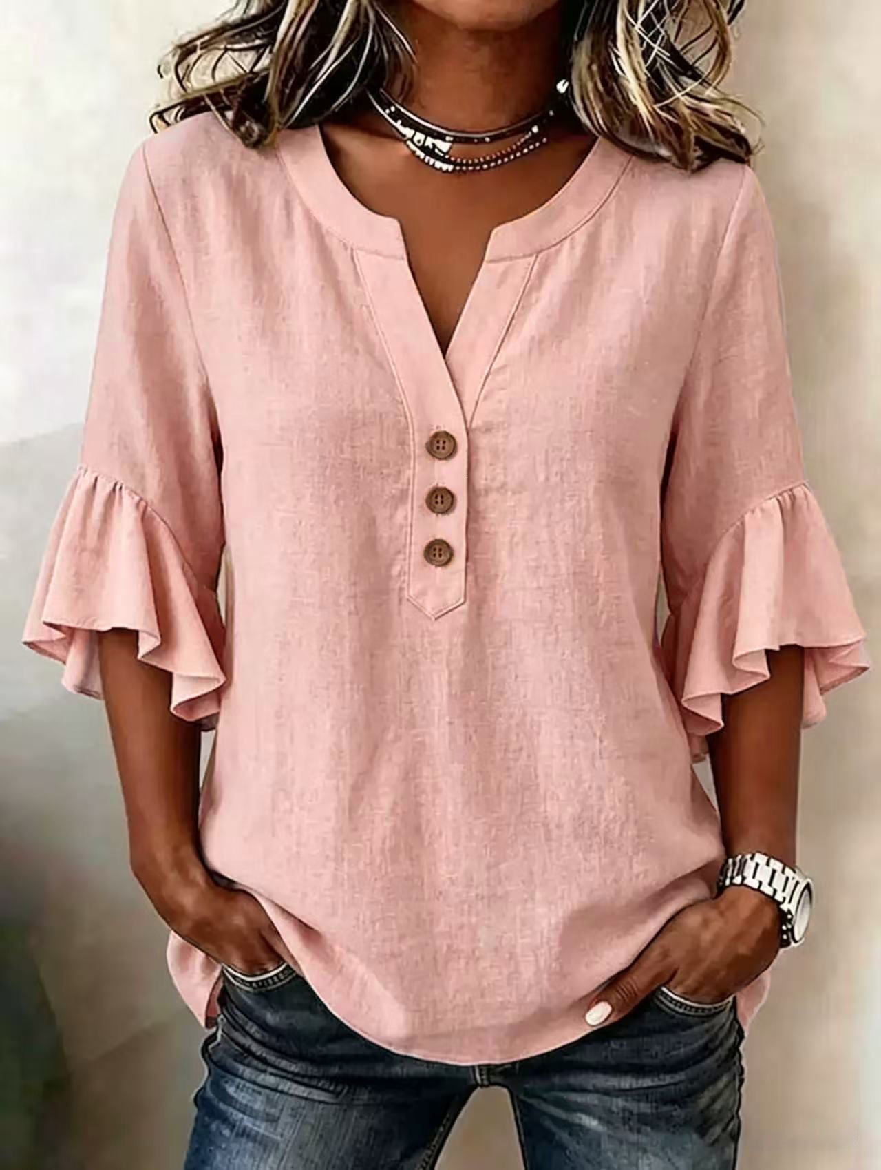 Women's Clothing Women's Solid Color V Neck Top Three Quarter Sleeve Ruffled Casual Cotton And Linen Blend For Formal & Casual For Women_ecoleips.com