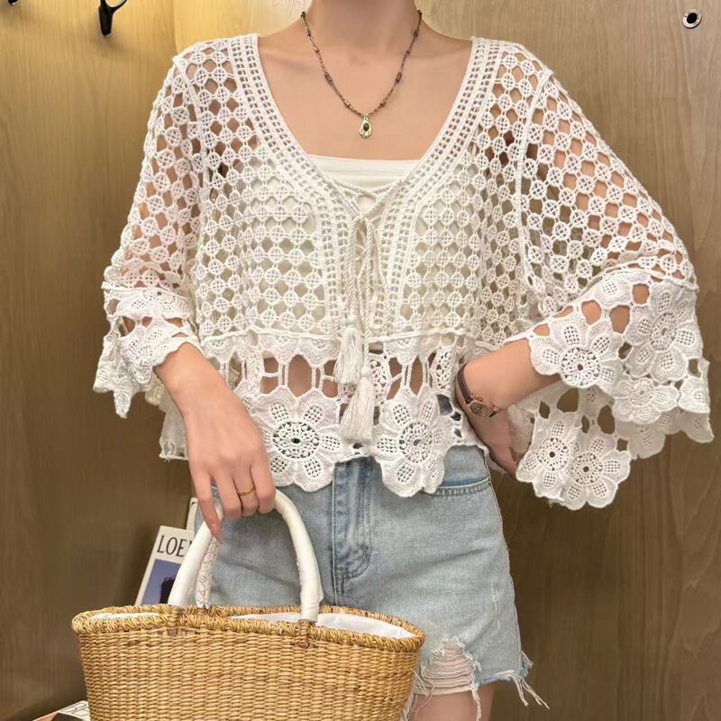 Bohemian Crochet Hollow-Out Knit Top for Women 2025 Summer New Style with Tie Straps, Paired with a Slip Dress and Outer Cover-Up Top, Trendy Bohemian Crochet Hollow-Out Knit Top for Women 2025 Summer New Style with Tie Straps, Paired with a Slip Dress and Outer Cover-Up Top, Trendy