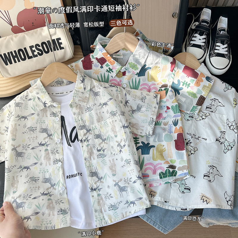 Children's Printed Short-sleeved Shirt 25 Summer Thin Stylish Top for Big Boys Baby Beach T-shirt