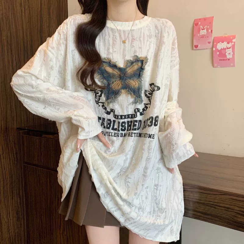 Женская рубашка средней длины с длинными рукавами больших размеров, весенняя нижняя рубашка, толстый и стильный топ, закрывающий ягодицы, и штаны в форме акулы.