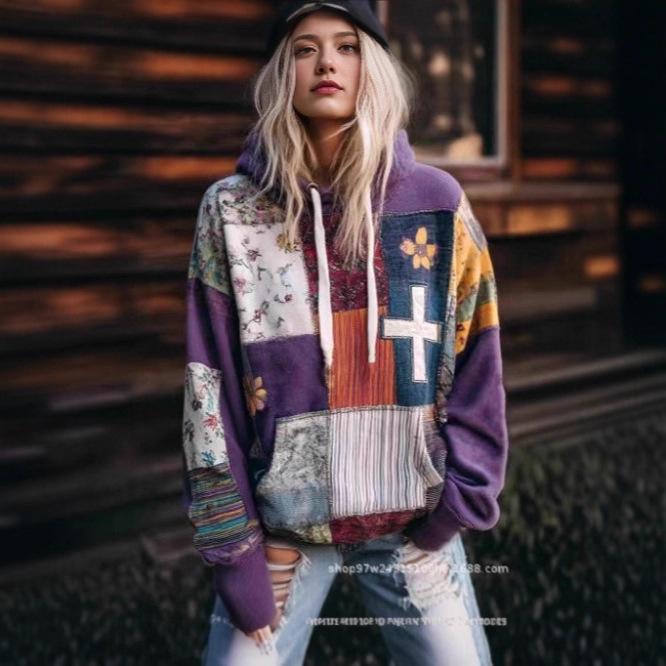 Cross-Border Amazon New Autumn and Winter Women's Pink Patchwork Floral Print Hoodie Jacket Comfortable Retro Style Cross-Border Amazon New Autumn and Winter Women's Pink Patchwork Floral Print Hoodie Jacket Comfortable Retro Style