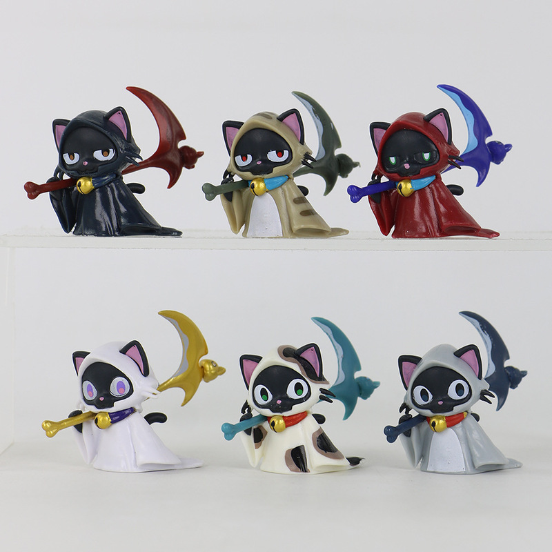 Cat with the Grim Reaper's Scythe, Grim Reaper Black Cat, Cloak Cat, Tri-Color Cat, Q-Version Trendy Toy Figurine Boxed Set