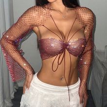 欧美跨境性感女装渔网水钻吊带亚马逊辣妹上衣派对夜店绑带网衣女