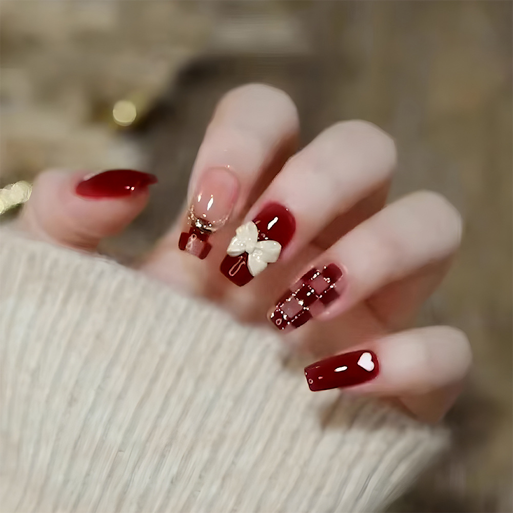 Moda atmósfera roja tablero de ajedrez hecho a mano para usar uñas amor arco de uñas 24 piezas parches de uñas terminados