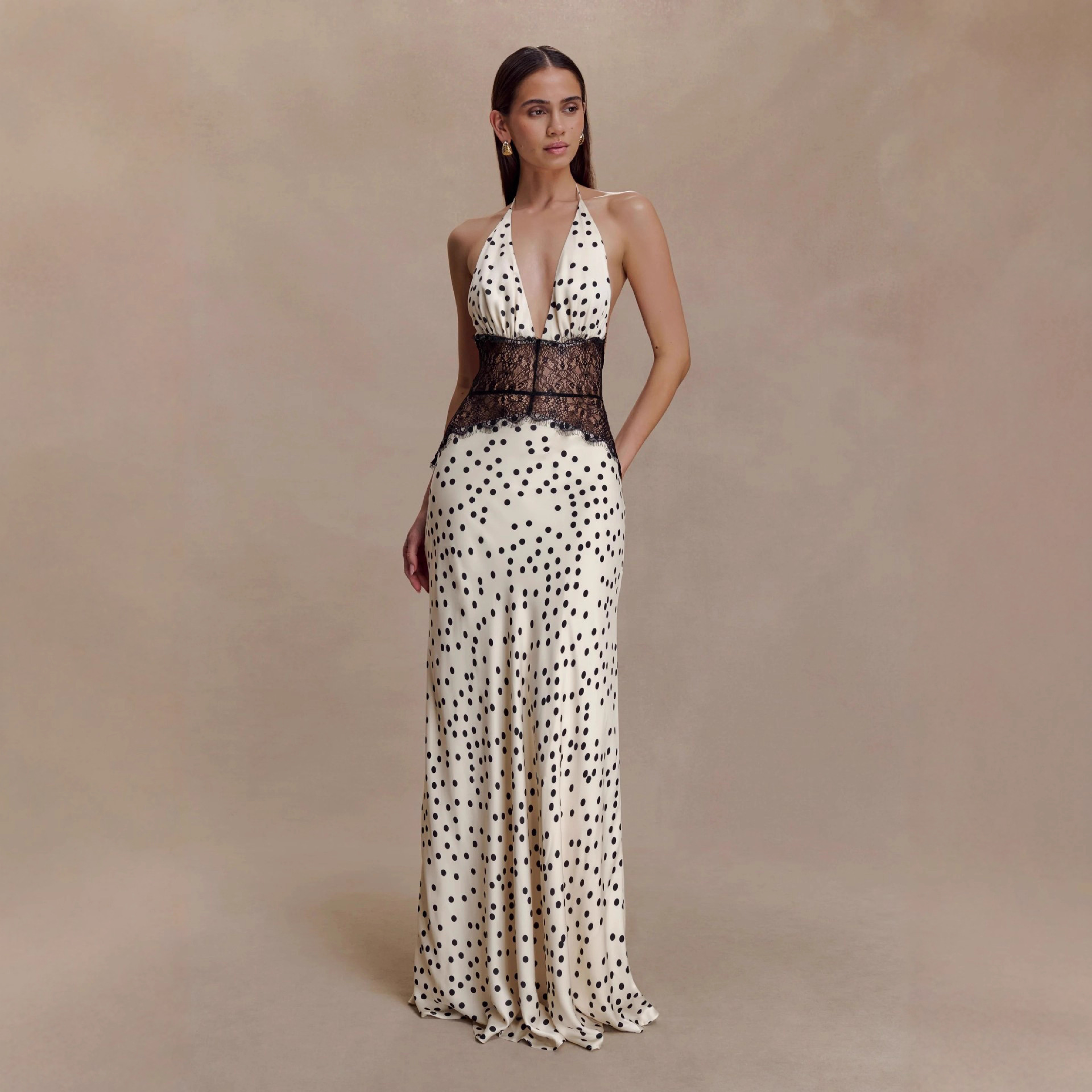 Amazon Foreign Trade New Elegant and Fashionable Polka Dot V Neck Splicing Dress Backless Waist Lace Long Skirt