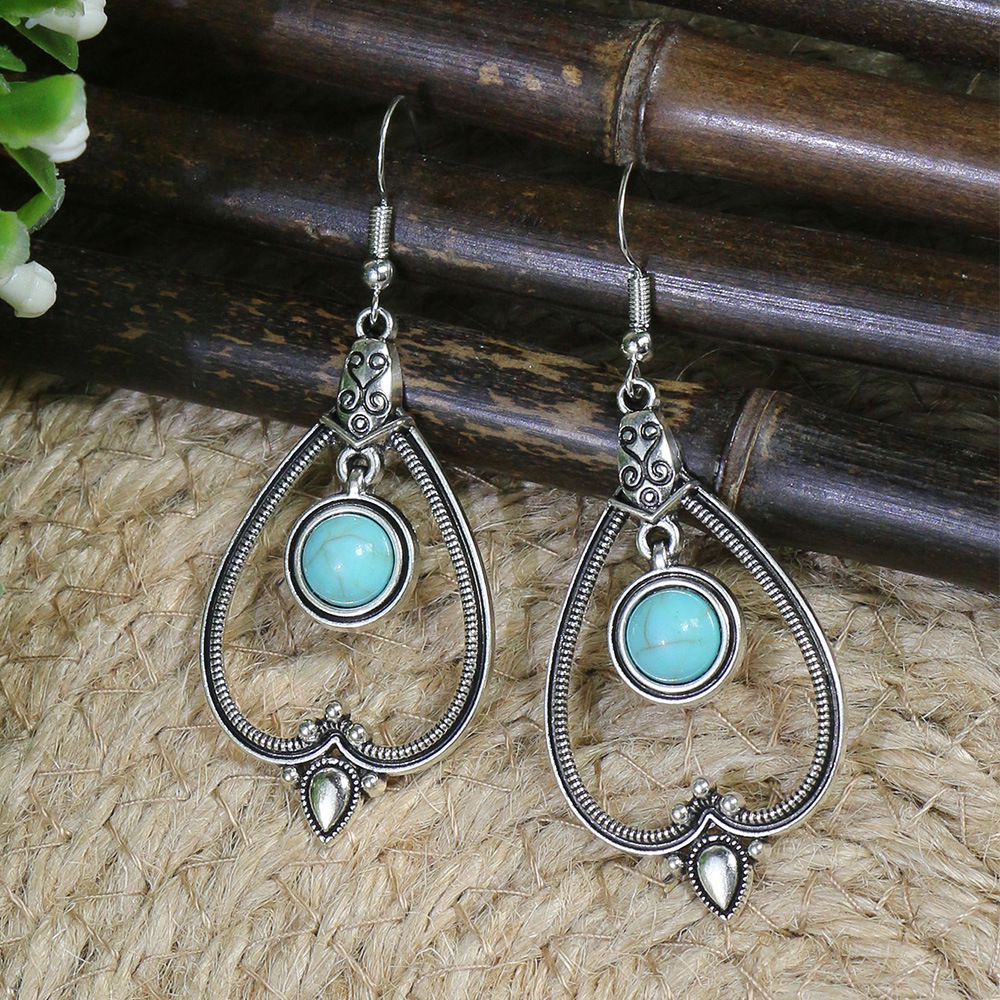 1 Pair Ethnic Style Round Inlay Alloy Turquoise Drop Earrings display picture 2