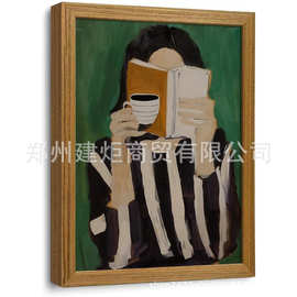 亚马逊跨境外贸款咖啡图片墙壁艺术女士阅读书墙装饰现代审美画芯