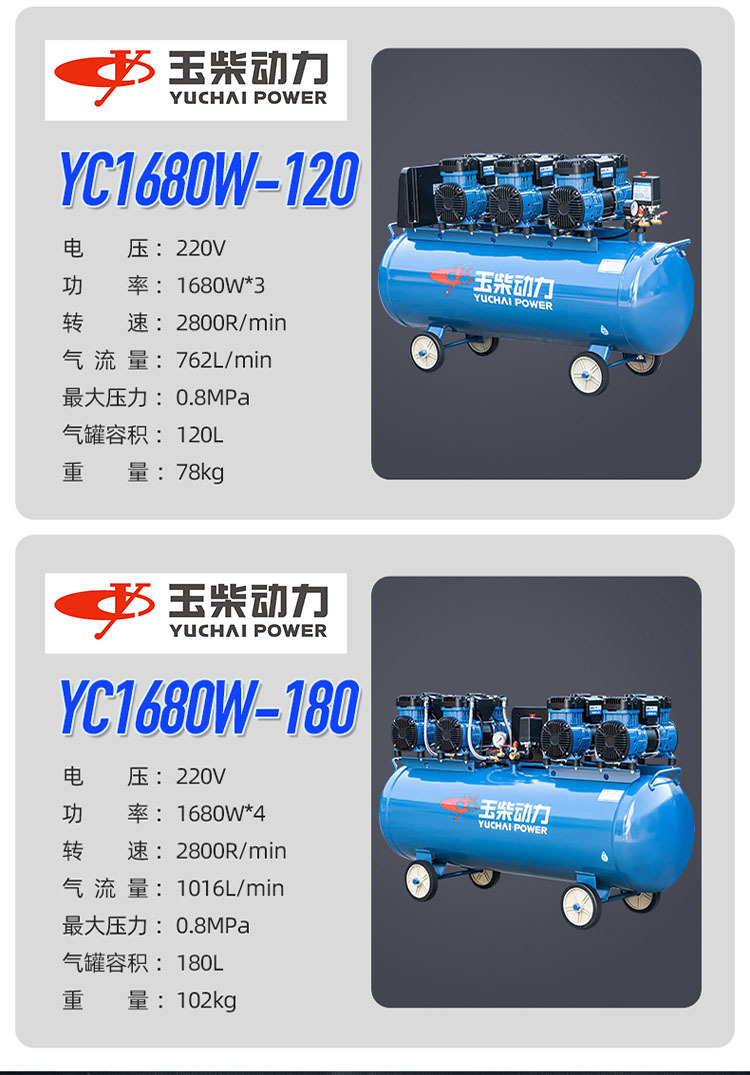 Yuchai air compressor bass oil-free air pump small 220V industrial grade portable high pressure air pump air compressor
