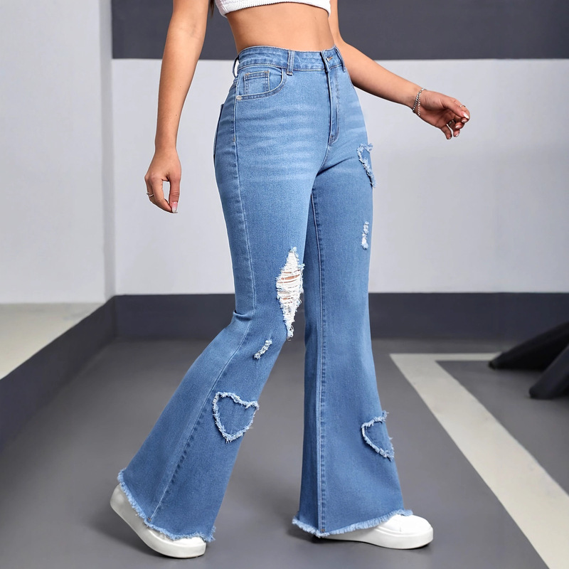 European and American Foreign Trade Women's Clothing, Stretchy Heart-Shaped Pattern Ripped Flared Pants, Original Cut, Fashionable Casual Hot-Selling Jeans