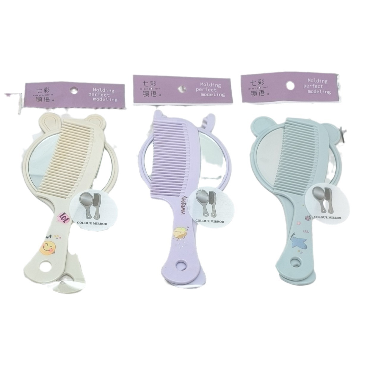 Nuevo juego de espejo de peine de dibujos animados con mango espejo pequeño peine de plástico de forma linda espejo de maquillaje de mano