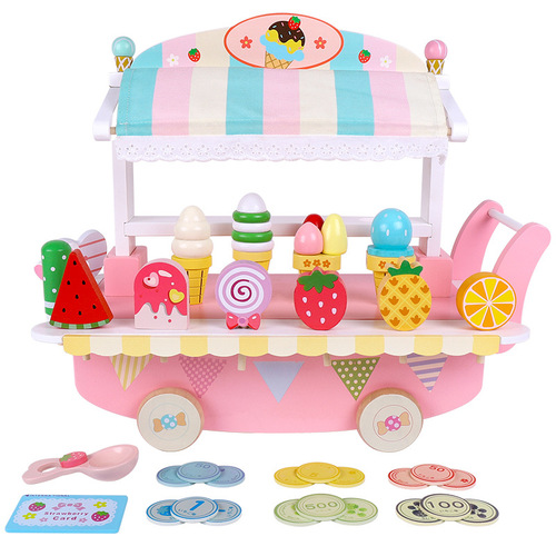 Wooden Children's Ice Cream Trolley Play Girl Mini Ice Cream Cart Toy Car Popsicle Sales Cart