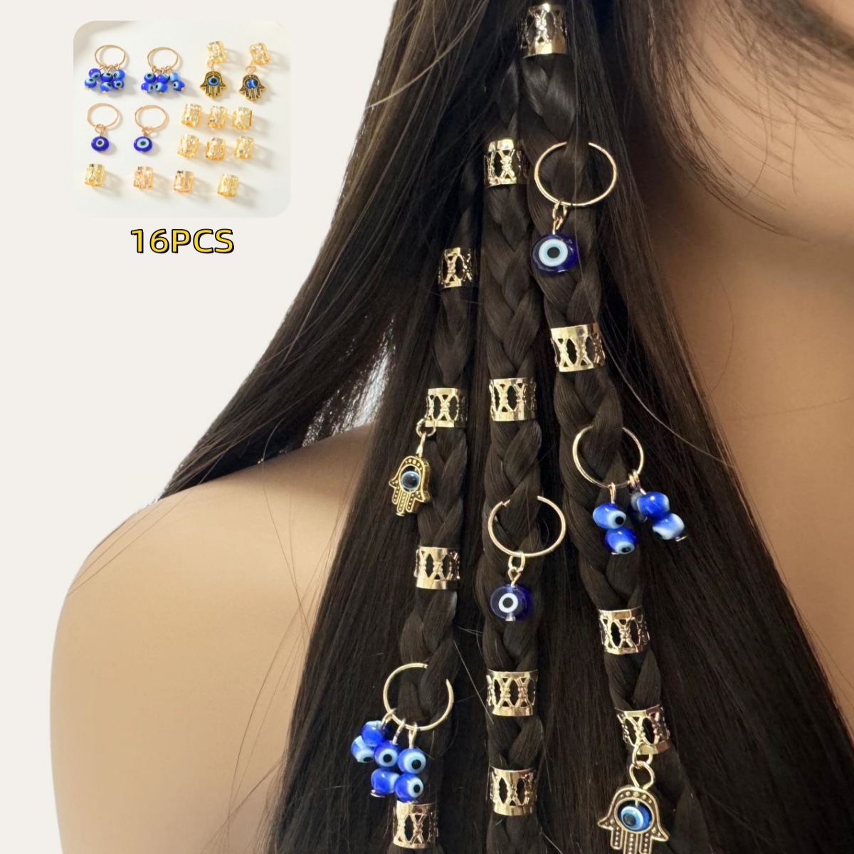 16pcs Devil Eye Arcaico Trenza sucia Anillo de cabello Transfronterizo Amazon Xiyin Temu Alojamiento completo Estación independiente Shein image 1