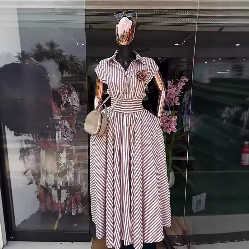 Women's Clothing Spring New Arrival Elegant Retro Striped Shirt Collar Short Sleeve Full Skirt Dress Fashion Waist Cinching American Style_ecoleips.com