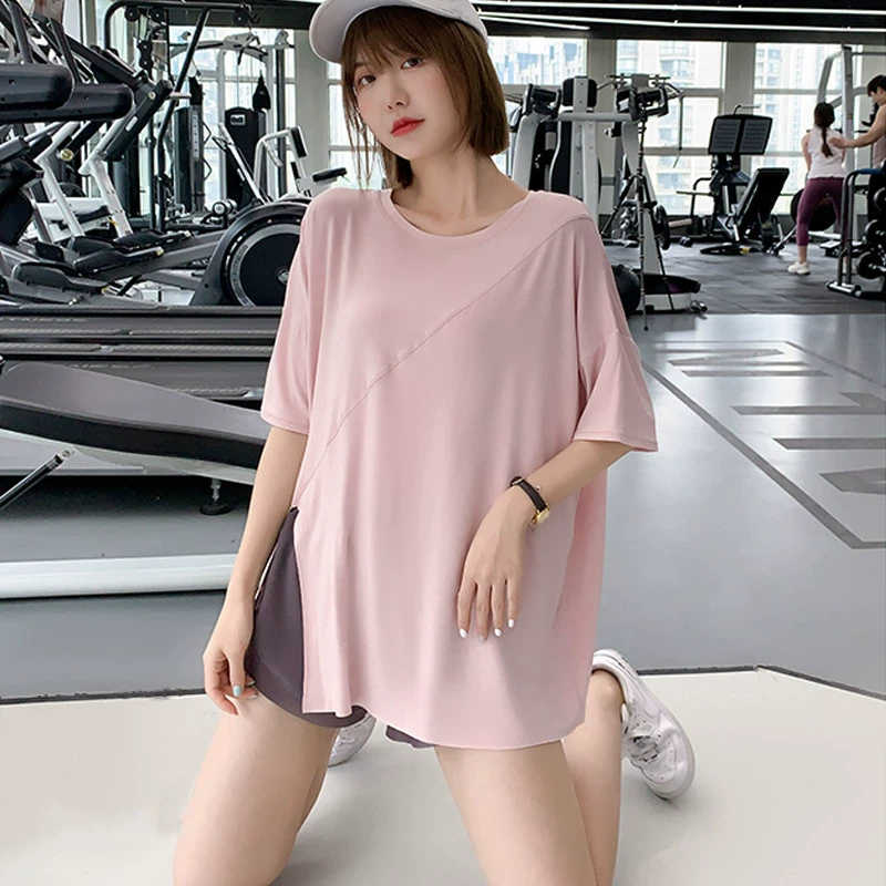 Женская свободная спортивная блузка для бега с короткими рукавами и разрезом, летняя тонкая футболка для йоги, быстросохнущая одежда для фитнеса больших размеров