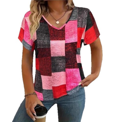 Women's V-neck Short-sleeve T-shirt with European and American 2025 Fashion Casual Matching Square Pattern Print