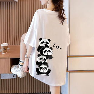 2025 New Summer Plus Size Maternity T-Shirt for Women High Street European and American Cartoon Panda 100kg Slim Casual Loose Top
