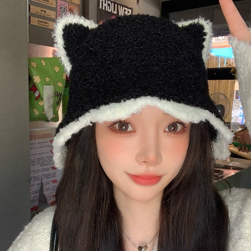 秋と冬の漁師の帽子女性の新しいインターネット有名人かわいい耳ニット盆地帽子韓国語版多用途ファッション顔見せ小さなバケツ帽子|undefined
