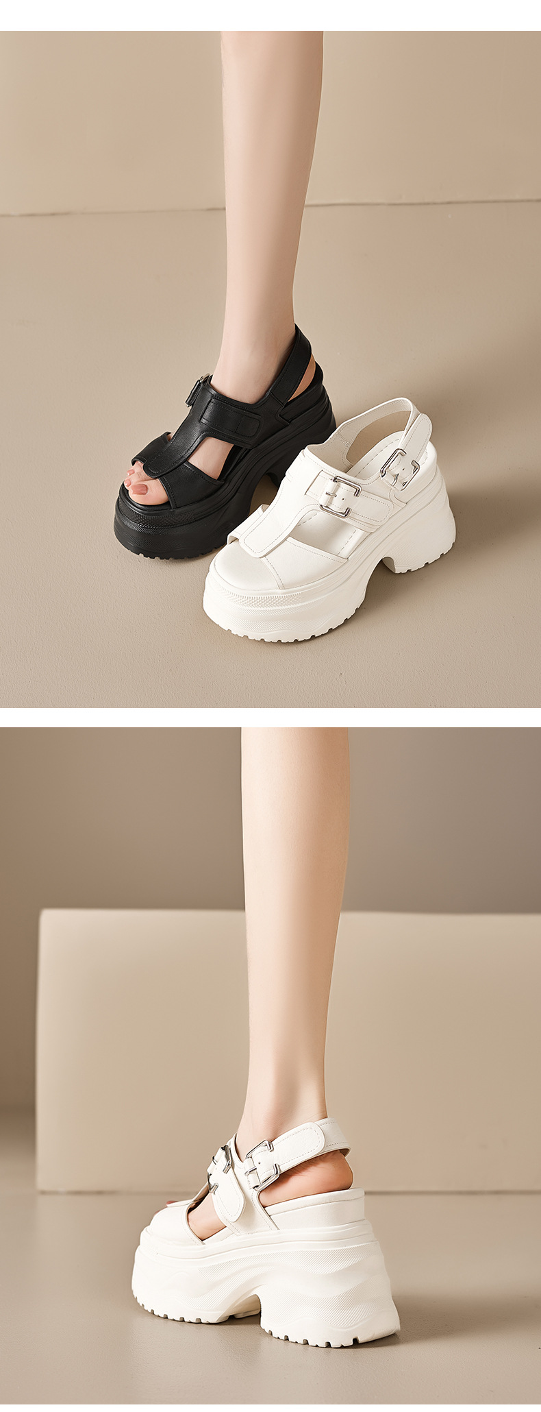 Sandal cao gót nữ đế xuồng 12 cm hở mũi phong cách La Mã — màu đen, màu trắng ngà chi tiết 5