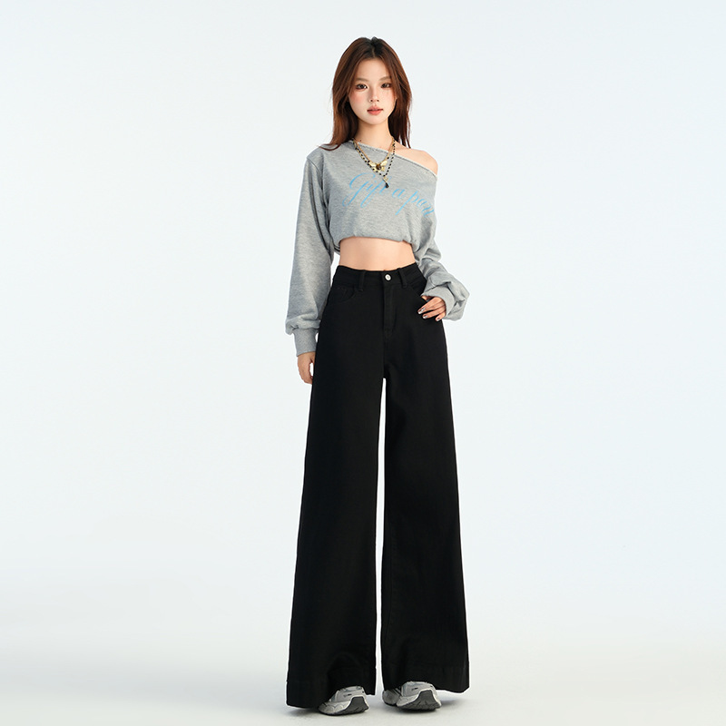弹力高腰阔腿牛仔裤女秋冬新款宽松垂感休闲拖地裤子黑色长裤|undefined