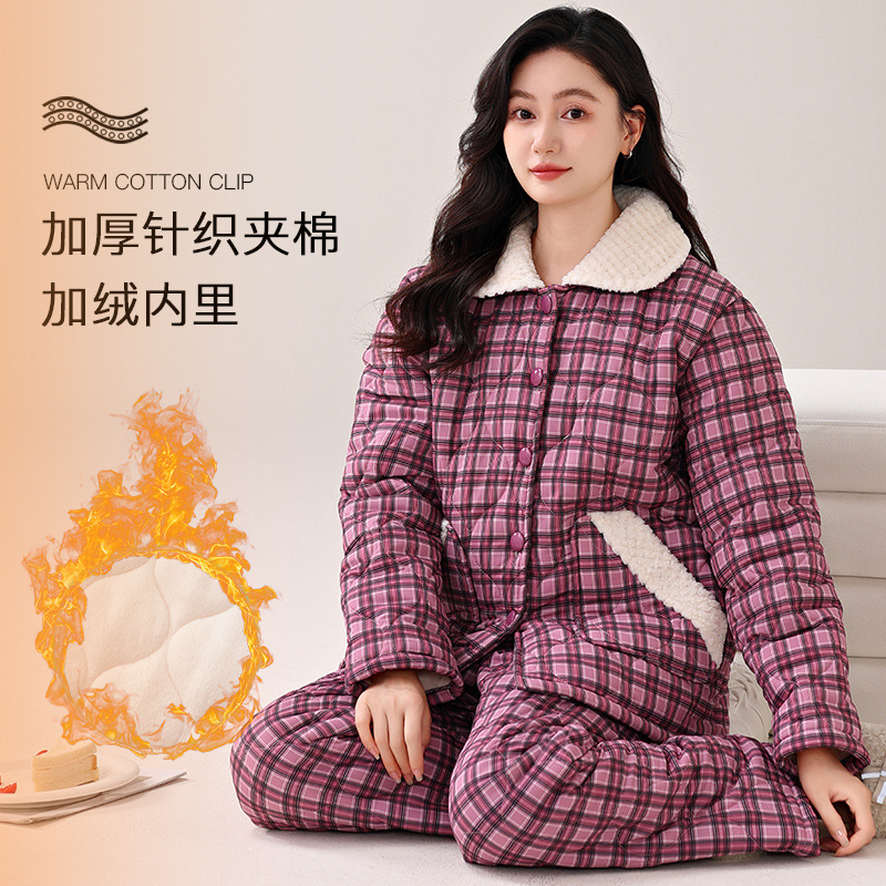 Autumn and Winter Knitted Quilted Pajamas for Women Pure Cotton Three-Layer Quilted Jacket Thickeneded Fleece-Lined Warm Home Wear Cardigan Suit