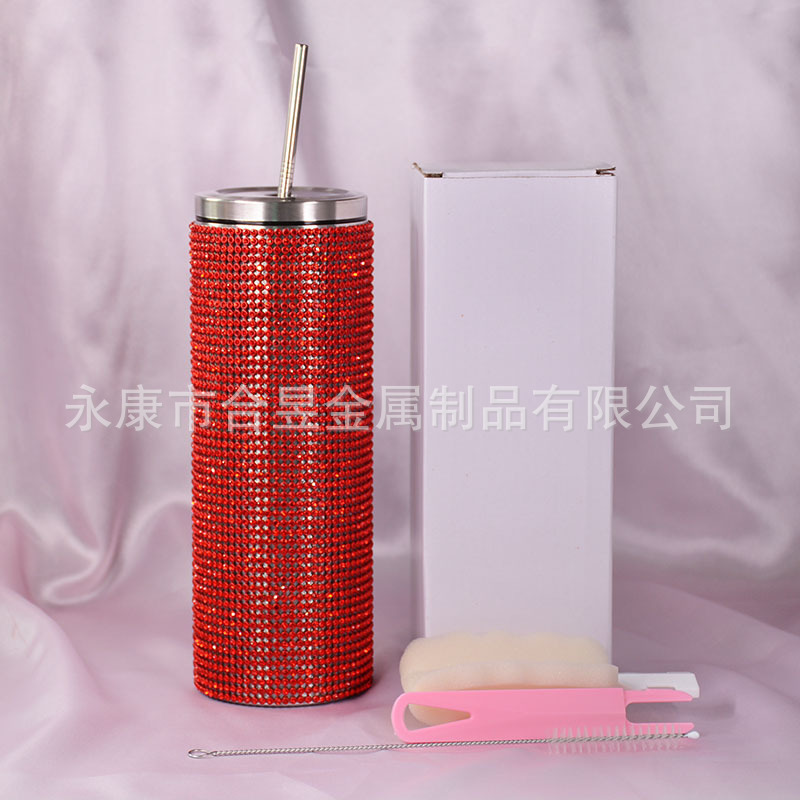 20oz Comercio exterior moda nuevo diamante paja 304 Acero inoxidable recta taza de vacío completo diamante taza de café