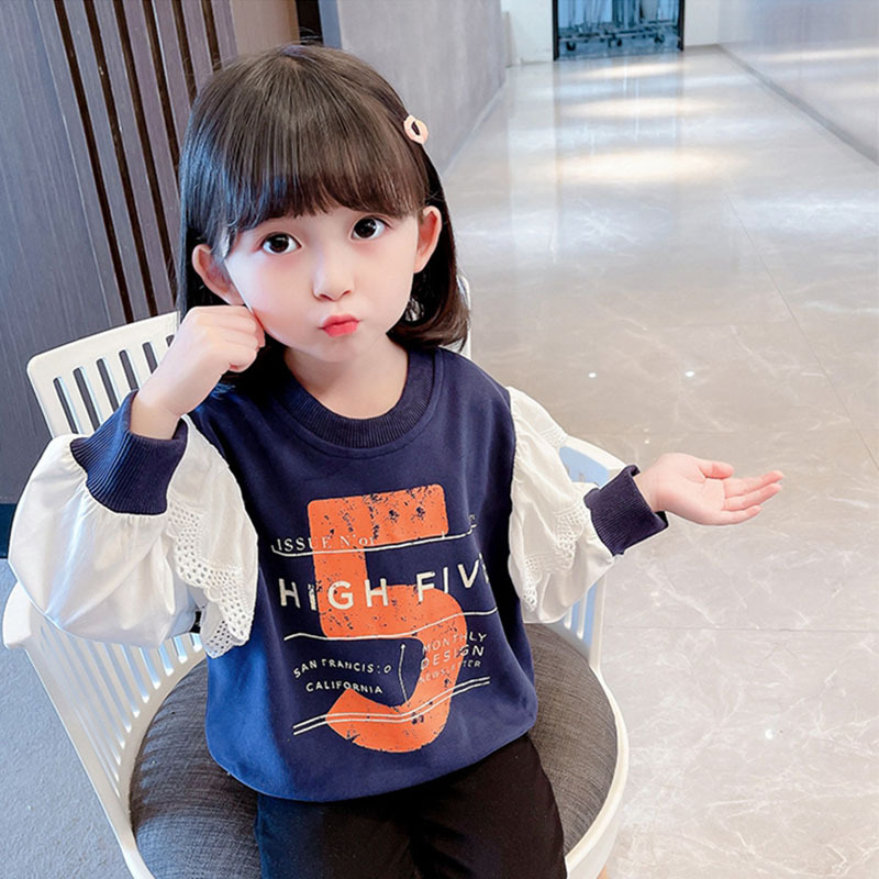 Felpa con cappuccio a maniche lunghe in pizzo per bambine per la nuova primavera e autunno 2024, top in stile western, stampa per bambini, tendenza per bambini_voghion.com