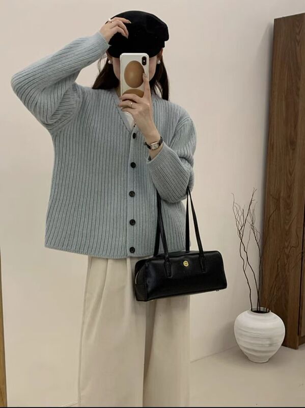 慵懒风休闲韩系坑条单排扣针织开衫女秋冬新款外搭软糯毛衣外套潮|undefined