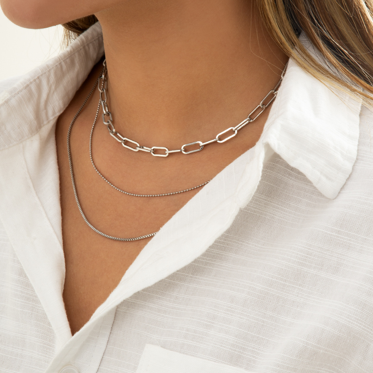 欧美跨境饰品简约镂空十字链条叠戴锁骨项饰小众百搭蛇骨链项链女