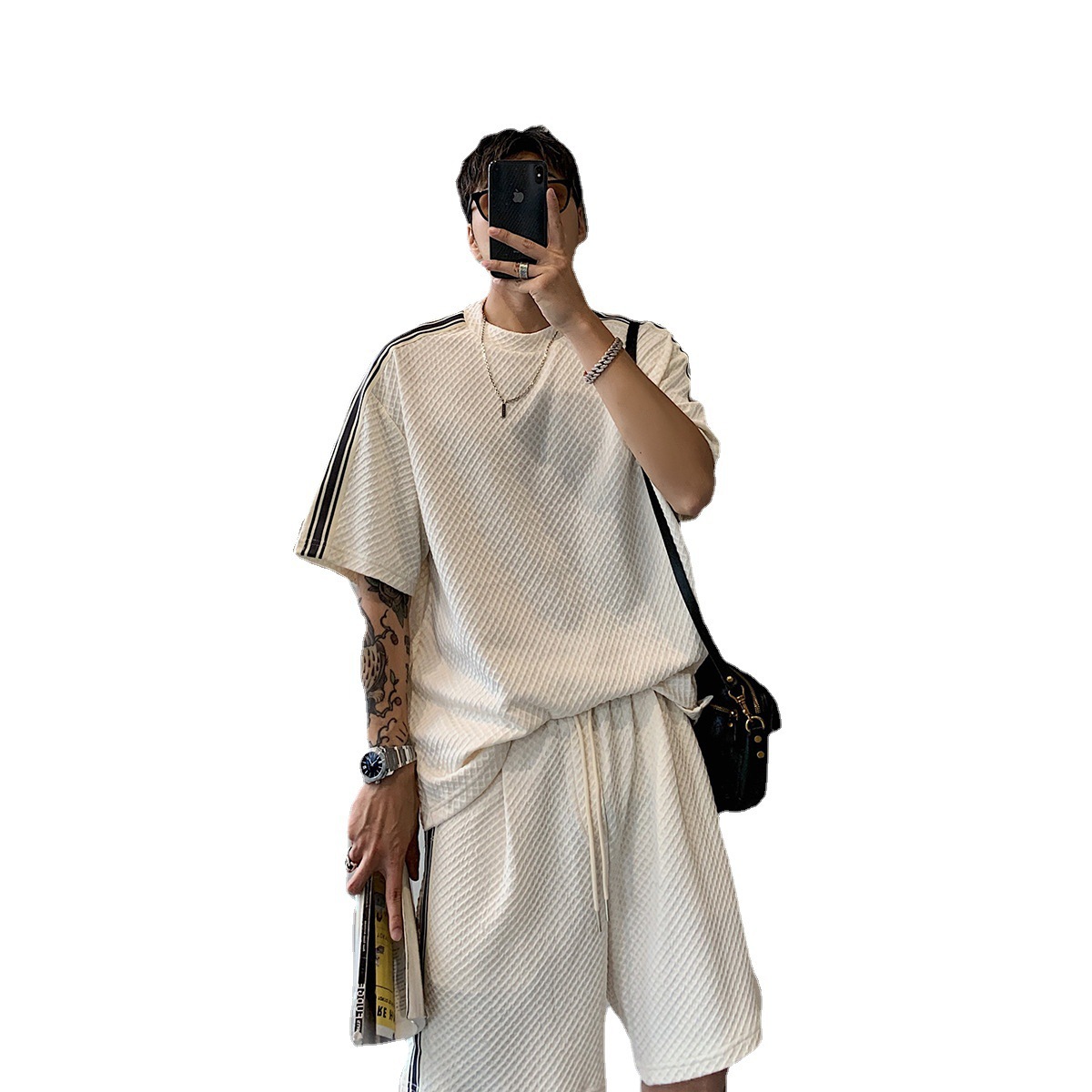 Waffles short-sleeved T-shirt shorts sports leisure suit men's summer ruffian handsome men's clothing a set of handsome wear collocation